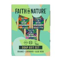 Faith in Nature Soap Trio Gift Set - image shows the gift set, which contains three soaps in a decorated cardboard box. Vegan and cruelty-free. Available at Lovethical along with plenty of other vegan and cruelty-free beauty products, makeup, make up, toiletries and cosmetics for all your gift and present needs. 