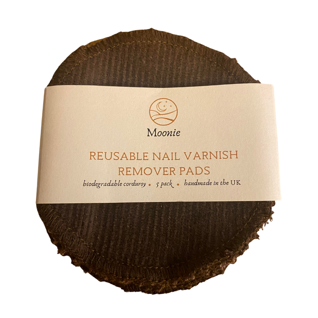 Moonie reusable nail varnish remover pads, brown - 5 pack. Vegan and cruelty-free. Available at Lovethical along with plenty of other vegan and cruelty-free beauty products, makeup, make up, toiletries and cosmetics for all your gift and present needs. 