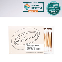 Load image into Gallery viewer, UpCircle organic cotton buds. Vegan and cruelty-free. Image shows an open packet of the cotton buds with 2 awards listed above it.
