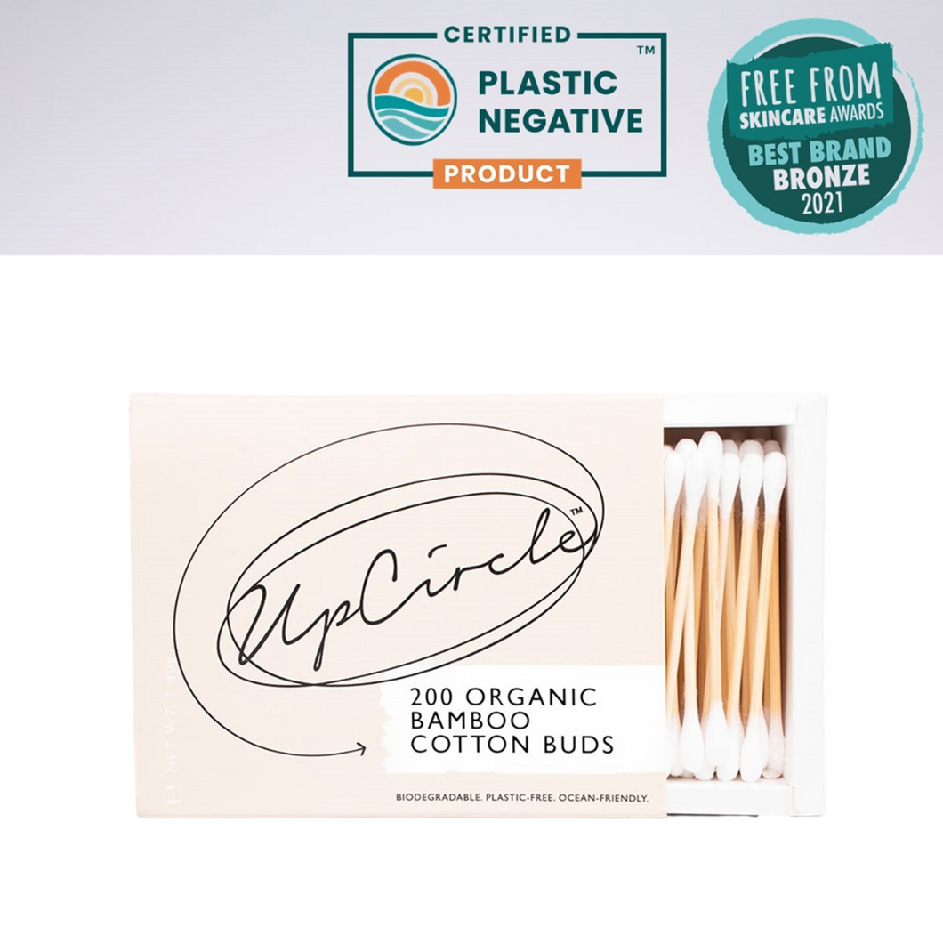 UpCircle organic cotton buds. Vegan and cruelty-free. Image shows an open packet of the cotton buds with 2 awards listed above it.