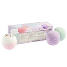 Load image into Gallery viewer, Miss Patisserie Birthday Girl Aromatherapy bath ball gift set. Contains three bath balls. Picture shows all three in a lovely gift box. Vegan and cruelty-free. Available at Lovethical along with plenty of other vegan and cruelty-free beauty products, makeup, make up, toiletries and cosmetics for all your gift and present needs. 
