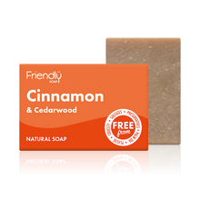 Load image into Gallery viewer, Friendly Soap cinnamon and cedarwood soap, boxed and unboxed. Vegan and cruelty-free. Available at Lovethical along with plenty of other vegan and cruelty-free beauty products, makeup, make up, toiletries and cosmetics for all your gift and present needs. 
