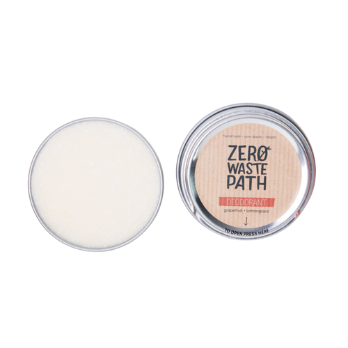 Circular tin of Zero Waste Path grapefruit and lemongrass solid deodorant. Vegan and cruelty-free. Available at Lovethical along with plenty of other vegan and cruelty-free beauty products, makeup, make up, toiletries and cosmetics for all your gift and present needs. 