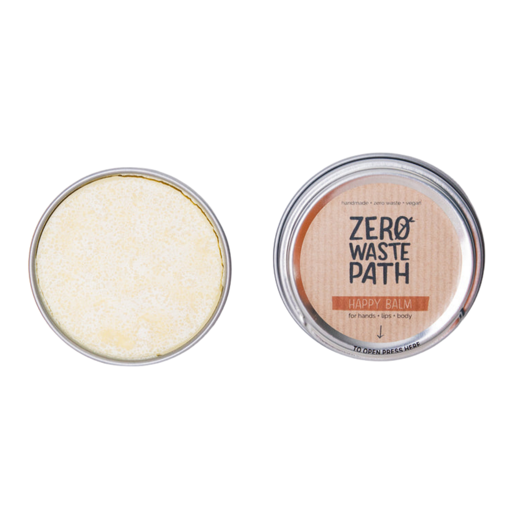 Circular tin of Zero Waste Path happy balm. Vegan and cruelty-free. Available at Lovethical along with plenty of other vegan and cruelty-free beauty products, makeup, make up, toiletries and cosmetics for all your gift and present needs. 
