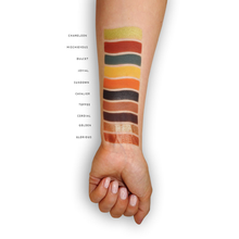 Load image into Gallery viewer, London Copyright Eyeshadow Palette - The Palace colour swatches on arm. Vegan and cruelty-free. Available at Lovethical along with plenty of other vegan and cruelty-free beauty products, makeup, make up, toiletries and cosmetics for all your gift and present needs. 
