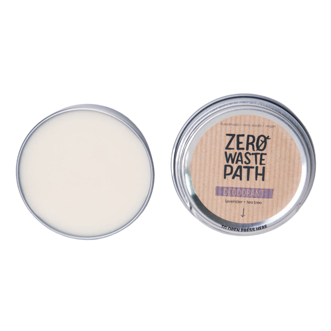 Circulate tin of Zero Waste Path lavender and tea tree solid deodorant. Vegan and cruelty-free. Available at Lovethical along with plenty of other vegan and cruelty-free beauty products, makeup, make up, toiletries and cosmetics for all your gift and present needs. 