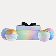 Load image into Gallery viewer, Miss Patisserie Great Balls of Fizz bath ball gift set. Contains four bath balls. Picture shows all four in a lovely gift box. Vegan and cruelty-free. Available at Lovethical along with plenty of other vegan and cruelty-free beauty products, makeup, make up, toiletries and cosmetics for all your gift and present needs. 
