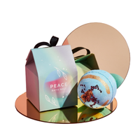 Miss Patisserie peace bath ball. Vegan and cruelty-free. Available at Lovethical along with plenty of other vegan and cruelty-free beauty products, makeup, make up, toiletries and cosmetics for all your gift and present needs. 