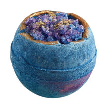 Load image into Gallery viewer, Miss Patisserie night geode bath ball. Image shows a close-up shot of the bath bomb. Vegan and cruelty-free. Available at Lovethical along with plenty of other vegan and cruelty-free beauty products, makeup, make up, toiletries and cosmetics for all your gift and present needs. 
