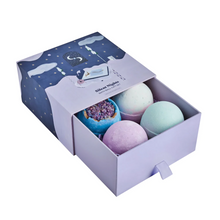 Load image into Gallery viewer, Miss Patisserie Silent Nights bath bomb gift set. Picture shows the open gift set, showing the 4 beautiful bath bombs inside. Vegan and cruelty-free. Available at Lovethical along with plenty of other vegan and cruelty-free beauty products, makeup, make up, toiletries and cosmetics for all your gift and present needs. 
